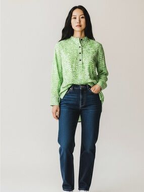 GAP Green and White Printed 100% Cotton Long-Sleeve Tunic